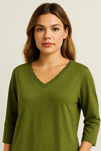 Şans Women's Plus Size Green, Organic Cotton, V-Neck Lace Detail, 3/4 Sleeve Blouse 65N39264