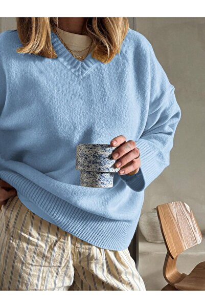Dier Moda Жіночий синій светр з V-подібним вирізом Oversize, светр Fmoda1970