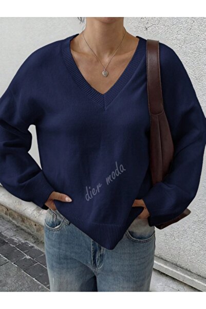 Dier Moda Дамски пуловер с V-образно деколте в тъмносин цвят, пуловер Fmoda1970