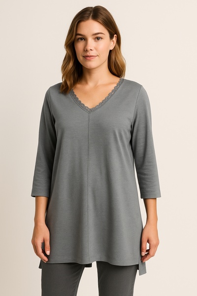 Şans Women's Plus Size Gray, Organic Cotton, V-Neck Lace Detail, 3/4 Sleeve Blouse 65N39264