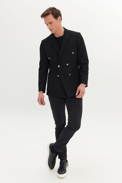 ALTINYILDIZ CLASSICS Men's Black Slim Fit Slim Fit Swallow Collar Dobby Pocket Double-Breasted Blazer Jacket