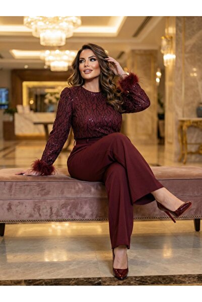 1Moda1Tarz Women's Imported Fabric Sequined Belted Sleeves Otrish Detail Lined Special Design Jumpsuit