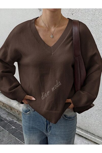 Dier Moda Pulover tricotat maro cu decolteu în V supradimensionat pentru femei, pulover tricotat Fmoda1970