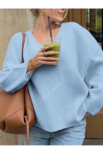 Dier Moda Жіночий синій светр з V-подібним вирізом Oversize, светр Fmoda1970