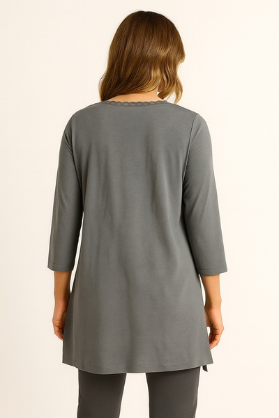 Şans Women's Plus Size Gray, Organic Cotton, V-Neck Lace Detail, 3/4 Sleeve Blouse 65N39264