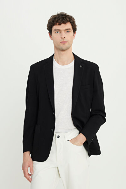 ALTINYILDIZ CLASSICS Men's Black Cotton Slim Fit Slim Fit Dobby Stretch Blazer Jacket with Pocket