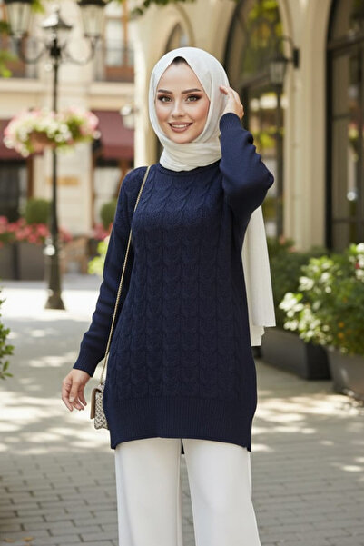 N.S NEVA STYLE Örgü Detaylı Koyu Lacivert Tesettür Triko Kazak Tunik 8652KL