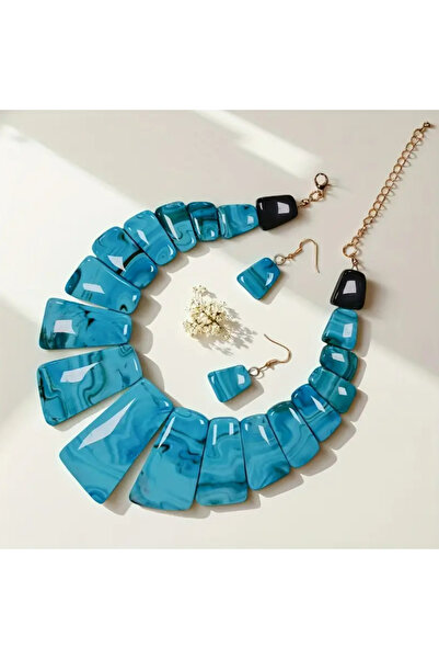 set.up Blue Color Glass Model Natural Stone Necklace Earring Set