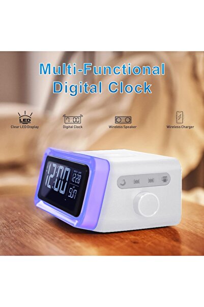 Generic 3 in 1 Digital Alarm Clock 15W Wireless Charger Bluetooth Speaker RGB Night Light Bedside White