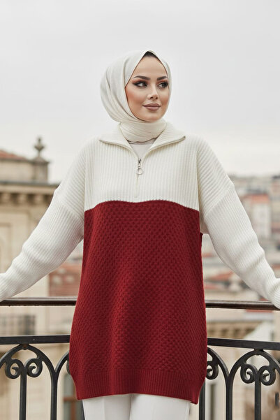 N.S NEVA STYLE Color Block Red Hijab Knitwear Sweater Tunic 87501K