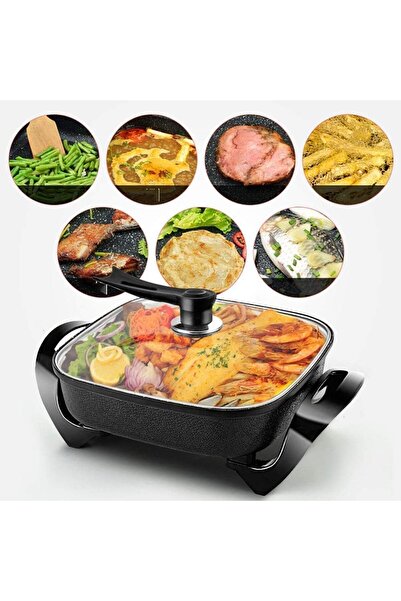 Generic 1800W Electric Skillet Pizza Maker Paella Pan Non Stick Multi Cooker Frying Pan Steamer Glass Lid