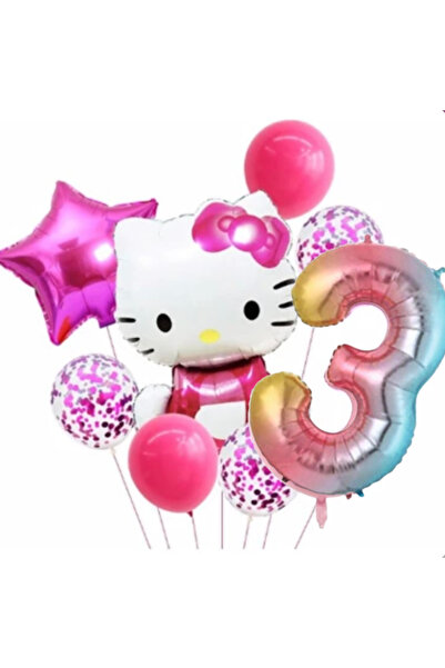 ALYA PARTİ Gökkuşağı Rakam Folyo Balonlu Hello Kitty Doğum Günü Seti
