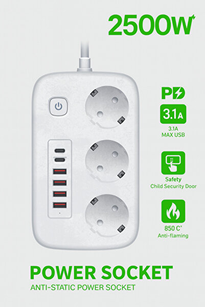 sonx 2500W Çoklu Priz 2 METRE – 3’lü AC Priz +5 USB Çıkışı AKIM KORUMALI Alev Almayan Gövde,