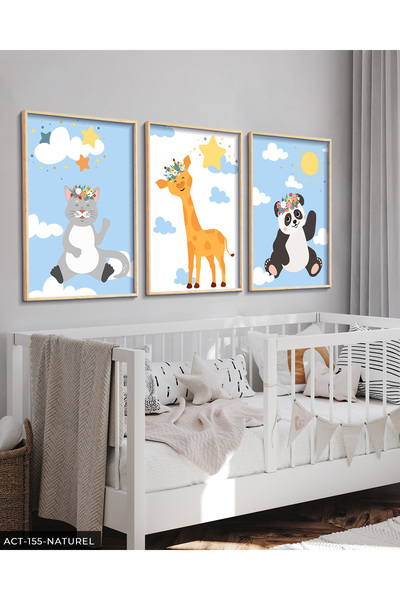 Evinemoda Mala mačka panda i žirafa, 3-dijelna slika u drvenom okviru