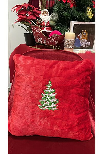 Brode Red pillow with embroidered fir tree