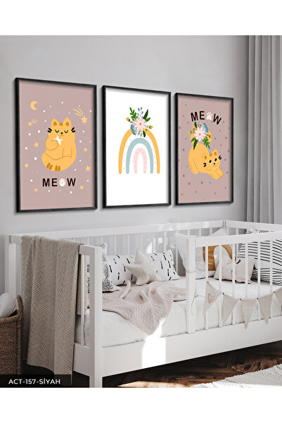 Evinemoda Slatka mačka i dugina 3-dijelna slika u crnom drvenom okviru