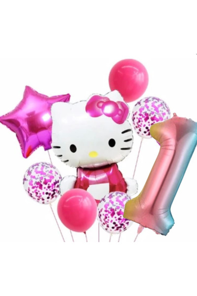 ALYA PARTİ Gökkuşağı Rakam Folyo Balonlu Hello Kitty Doğum Günü Seti