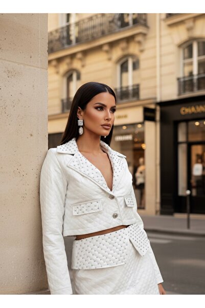 1Moda1Tarz Σετ με καπιτονέ δερμάτινο ύφασμα με κεντημένη επένδυση με πέρλες, ειδικής σχεδίασης, μπουφάν και φούστα