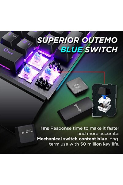Remson Mechanical Gaming Keyboard Blue Switch RGB 104 Keys Arabic English Wrist Rest Anti Ghosting USB