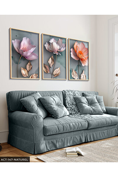 Evinemoda Gold Yapraklı Pembe ve Turuncu Çiçekler 3 Parça Ahşap Çerçeveli Tab...