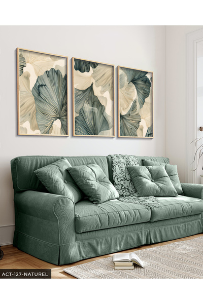 Evinemoda Yeşil Çiçekli Modern Sanat 3 Parça Ahşap Çerçeveli Tablo ACT