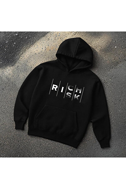 Rivox سويت شيرت رجالي أسود بغطاء رأس قصة فضفاضة Risk مطبوع