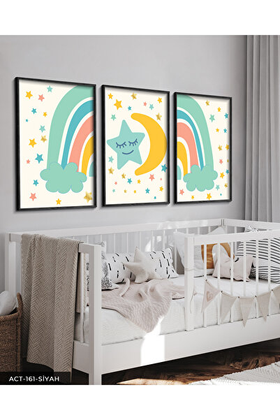 Evinemoda Šarene zvezde i duga 3-dijelna crna slika u drvenom okviru ACT