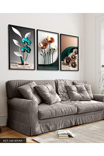 Evinemoda Zarif Mavi ve Pembe Çiçekler 3 Parça Siyah Ahşap Çerçeveli Tablo ACT
