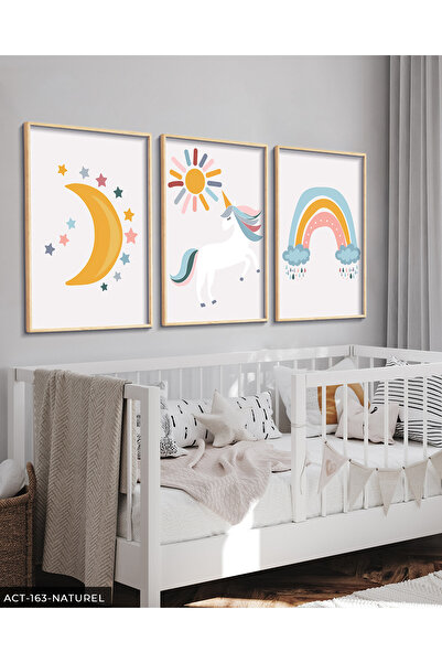 Evinemoda Tablou minimalist cu unicorn, 3 piese, cu rama din lemn ACT