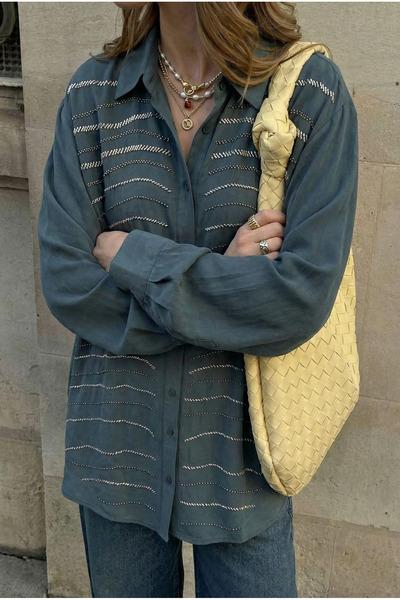 FEMELLE Petrol Oversized Shirt with Beading (Compatible with Size 46 and up)