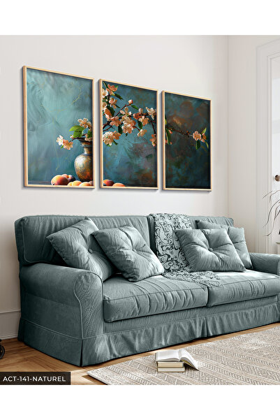 Evinemoda Yağlı Boya Görünümlü Kiraz Çiçekleri 3 Parça Ahşap Çerçeveli Tablo ACT