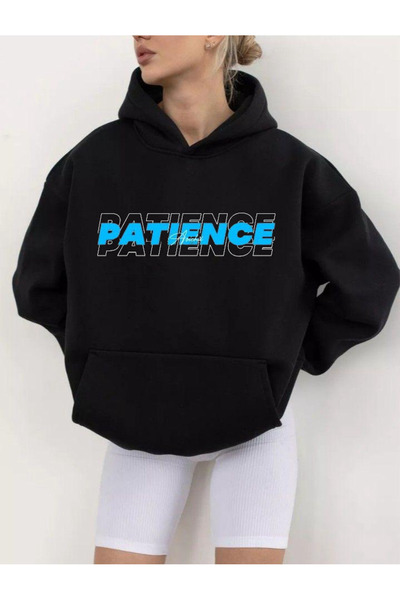 Rivox سويت شيرت رجالي أسود بغطاء رأس قصة فضفاضة Patience مطبوع