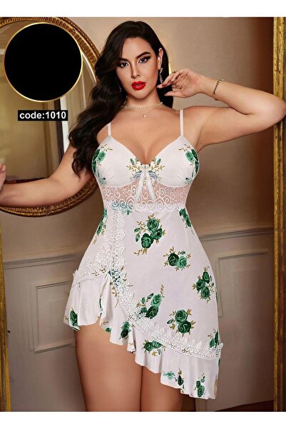 TREN Floral Lace Nightgown Mini Lingerie Adjustable Straps Ruffled Hem Romantic Sleepwear Loungewear