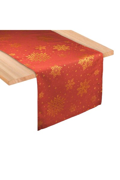 OEM Κόκκινο Χριστουγεννιάτικο Τραπεζομάντιλο με Χρυσές Νιφάδες 160x35εκ.