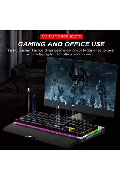 Remson Mechanical Gaming Keyboard Blue Switch RGB 104 Keys Arabic English Wrist Rest Anti Ghosting USB