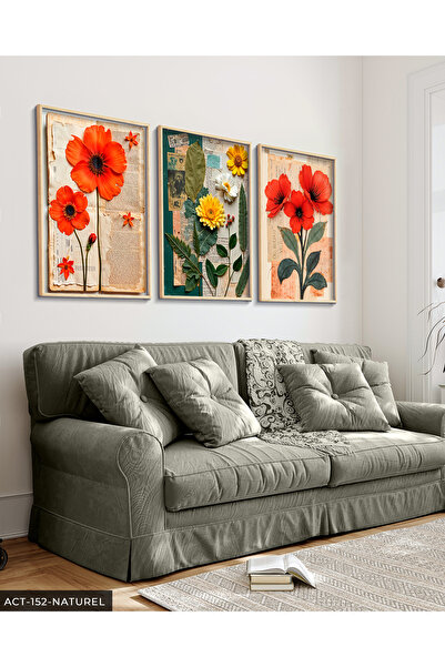 Evinemoda Yeşil Yapraklı Kırmızı ve Sarı Çiçek 3 Parça Ahşap Çerçeveli Tablo ACT
