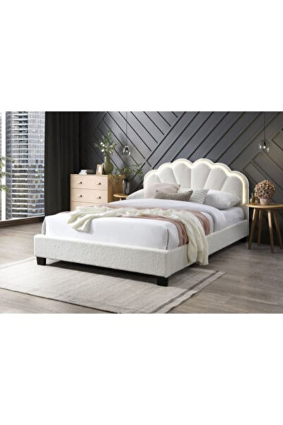 OEM Comfort 2 upholstered bed with LED, 140x200, wooden frame with fixed slatted base, Cream color