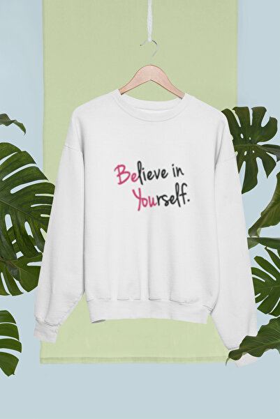 MG سويت شيرت BELIEVE IN YOURSELF مطبوع من القطن بأكمام طويلة وثلاث خيوط من نو...