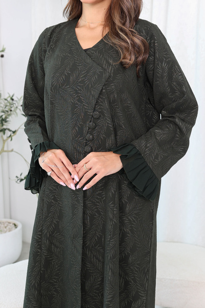 SAI ABAYA Elegant Jacquard Abaya with Chiffon Layer and Button Sleeve Details