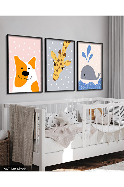 Evinemoda Slika u crnom drvenom okviru sa životinjskim temama za dečiju sobu,...