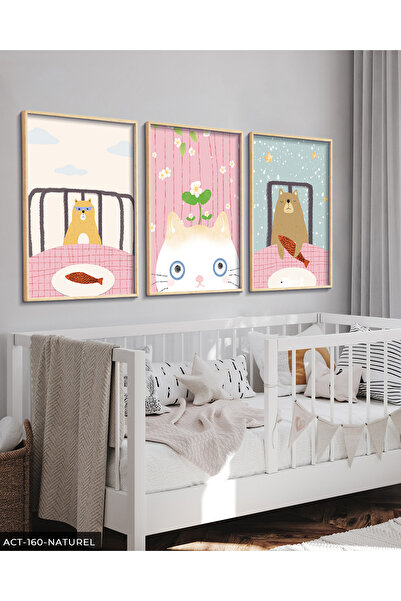 Evinemoda Χαριτωμένος πίνακας με ξύλινο πλαίσιο 3 τεμαχίων με γάτα και αρκούδ...