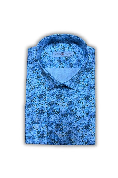MDZ COLLECTION Mavi Desenli Uzun Kollu Normal Kesim Erkek Gömlek