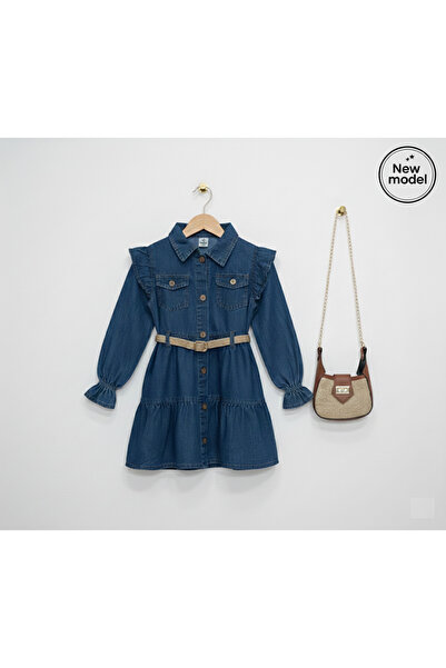 GİRL EMELY Girl's Denim Dress with Coconut Buttons, Pocket Details, Bag and Belt