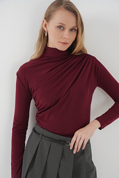 Hiccup Bdart Drape Detailed Bodycon Mock Neck Blouse