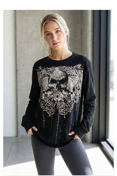 Köstebek Gothic Skuls Kurukafa Baskılı Sweatshirt