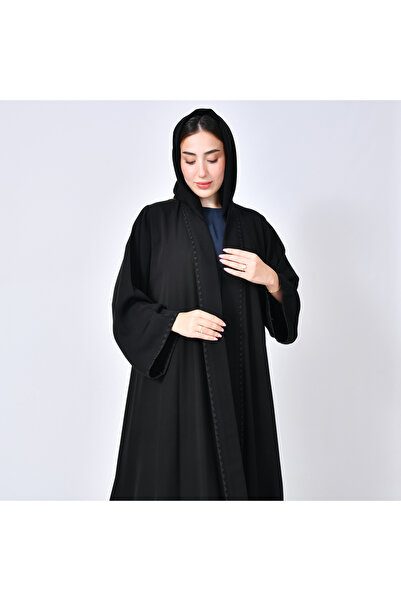 HAWRAA ABAYA عباية سوداء ربع كلوش بياقة مغربية مطرزة بالاسود