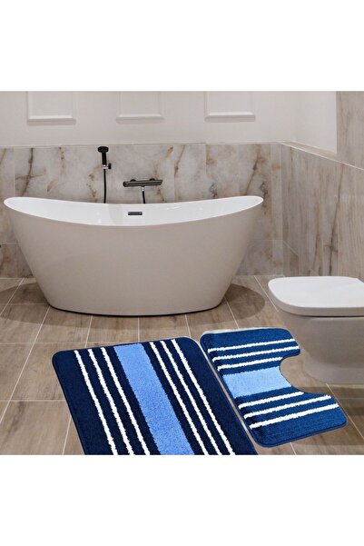 Kotonia Home Set of 2 bath mats anti-slip membrane, 100% synthetic fibers, blue, 50×40 cm, 50×80 cm, Sandy Lyuba