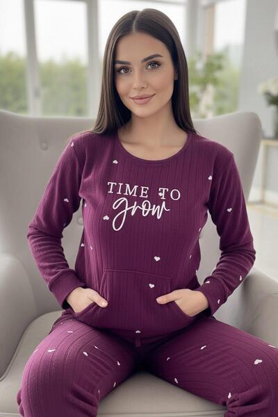 Pijamaevi Plum Grow Patterned Kangaroo Pocket Plush Fleece Pajama Set