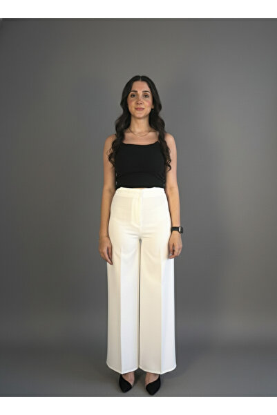 Hamiyet Doğan بنطال أبيض عالي الخصر واسع الساقين بنطلون واسع الأرجل