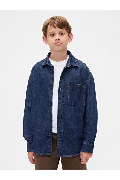 GAP Erkek Çocuk Mavi Denim Oversized Gömlek